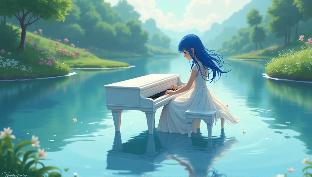 Blue-haired girl playing piano,White Dress,A floating white piano on a lake,Ghibli-style anime scene