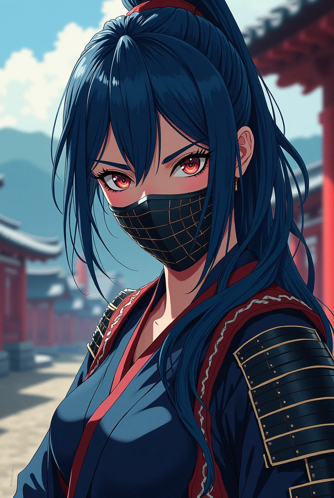 Samurai women with mask with dark blue hair in anime