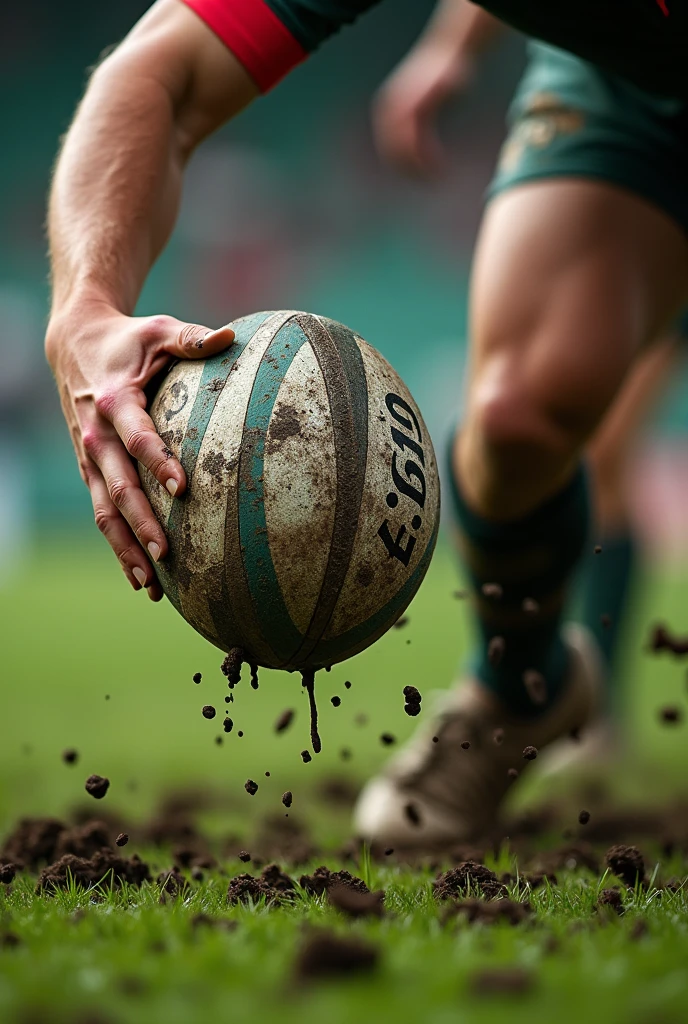 Rugby ball with mud and a 49 logo and making a pass