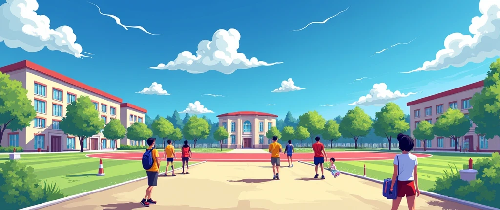 A main KV picture,IP authoring,A background image;On the playground of the campus,Teaching Building,track,White Cloud,Green Trees。Noise style、Crayon Drawing;exaggerated,Fine,Brief Overview;Flat illustration style。
