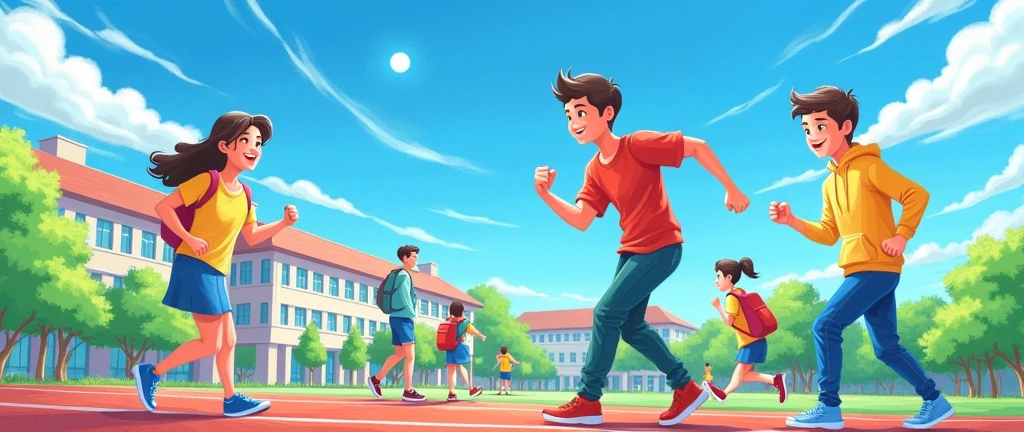 A main KV picture,IP authoring,A background image;On the playground of the campus,Teaching Building,track,White Cloud,Green Trees。Noise style、Crayon Drawing;exaggerated,Fine,Brief Overview;Flat illustration style。