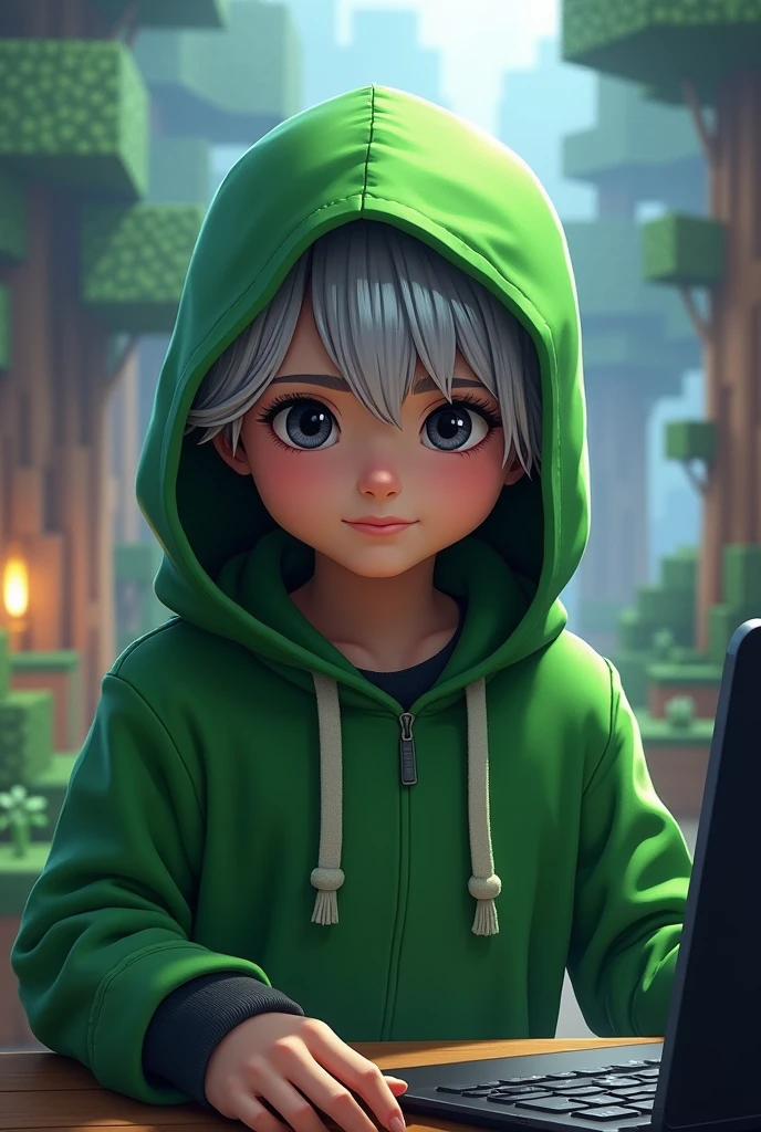 Make a minecraft boy werring a green hoddie, silver hair black eyeis in gaming background art
