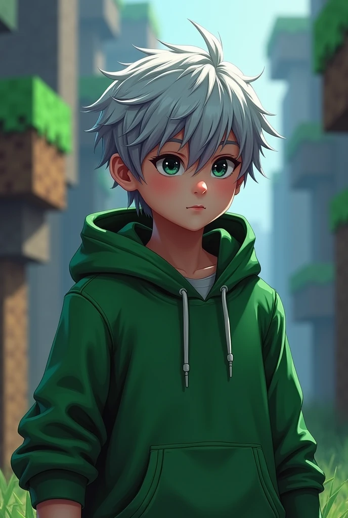 Make a minecraft boy werring a green hoddie, silver hair black eyeis in gaming background art