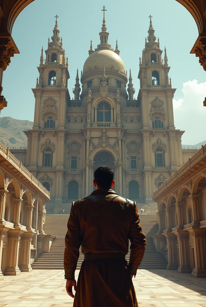 There is a man standing in front of a large building, peru, royal Palace, parliament, peruvian, peruvian looking, proportionate, Julia Fontes, Palace, quito school, an intermediate front shot, monumental giant Palace, Mexico City, freddy mamani wild facade, jorge lacera, Gita, chilean, Refik Anadol, central shot
