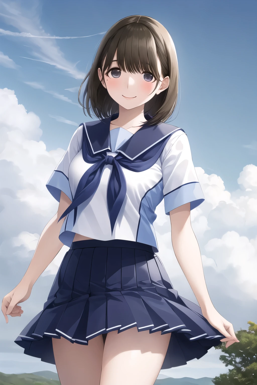 masterpiece, Highest quality, High resolution, Anene, short hair, Seraphim, White shirt, Short sleeve, Sailor collar, Blue neckerchief, Pleated skirt, Blue Skirt, Are standing, Cowboy Shot, Outdoor, smile,bottomless