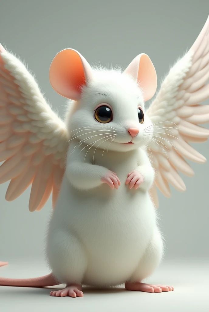 Draw a giant mouse, the rat has monstrous features, completely white, with a robust and fat body. He must have big white wings, like an angel, which are fully extended to display their grandeur. The mouse should be in a pose that shows its entire body, with a grand and magical expression. Details like big, expressive eyes, pointy ears and a long, bushy tail should be visible. The setting can be simple or neutral to highlight the figure of the mouse.