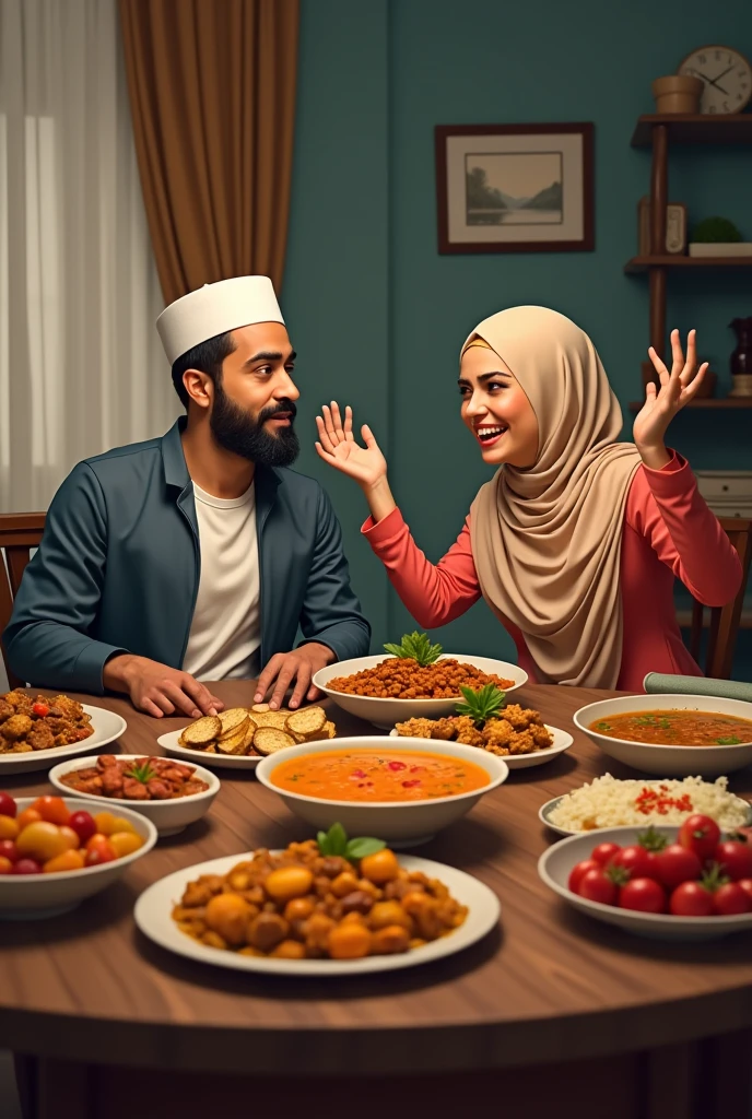 A Muslim handsome man and a beautiful woman are sitting on a chair at a dining table. On the dining table are various fruits and curry rice. They are talking.
