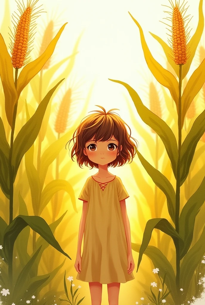 image of a drawing of a girl with short brown hair, The idea is that it is like a watercolor, with a child in front and they are in the middle of a corn crop