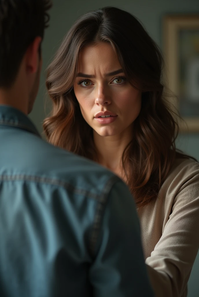 30 year old woman, beautiful and angry giving orders to her husband. The woman on the side and him too,  he seems scared by the woman&#39;s order.  They are two young people