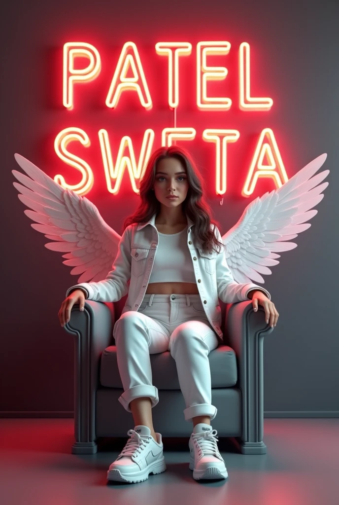 Create a 3D illustration for a profile picture where a  smart girl in a white denim sitting casually on a King of Beasts Throne chair. Wearing sneakersm He looks ahead. The Background features “patel sweta ” in big and capital red neon light fonts on the dark grey wall. There should not be his shadow, and there are wings to make it appear as