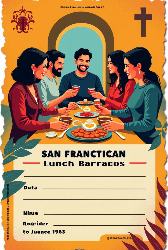 Catechesis of the Parish of San Francisco de Asís - Barranco
 Franciscan Lunch Show

Fecha: September 29, 2024 Time:  4 pm Place: San Francisco de Asís Church - Barranco Come share with us an afternoon of fraternity and joy!

[Image in the center of the ticket of people sharing]

**number:** [Space for ticket number]

---

**Breakable for numbering at the bottom:**

**Catechesis of the Parish of San Francisco de Asís - Barranco**  
**Franciscan Lunch Show**  
**number:** [Space for ticket number]

--- Design: Use bright but sober colors for the edges and background of the ticket, making sure the text is clear and legible. The central image should represent people sharing in a warm and friendly environment..

This format allows you to easily print and cut out the tear-off at the bottom for ticket control purposes..
