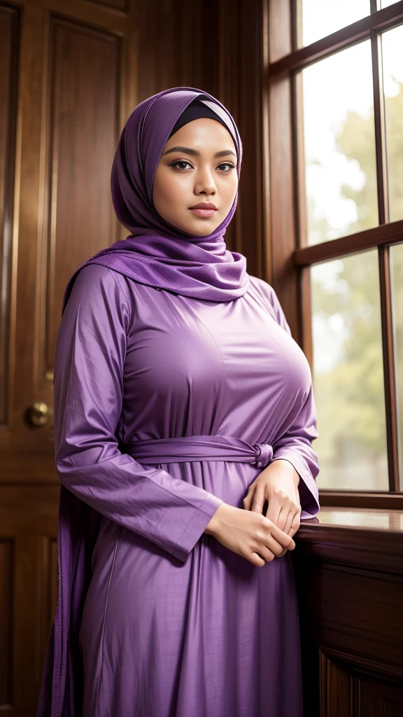 (Close Up),RAW, Best quality, high resolution, masterpiece: 1.3), beautiful Malay woman in hijab,Masterpiece, perfect fit body, ((Huge breast)), big gorgeous eyes, Soft smile,beautiful face,thick thighs, woman wearing a plaid dress and a scarf standing in front of a purple wall, long dress with apron, tartan garment, 1 9 2 0 cloth style, frock, dress and cloth, illustrious clothes, clothes in the style of 2023, dressed thobe, ( ready - made ), in style 19 century,Delicate turtleneck, Excellent lighting, Bright colors, Clean lines