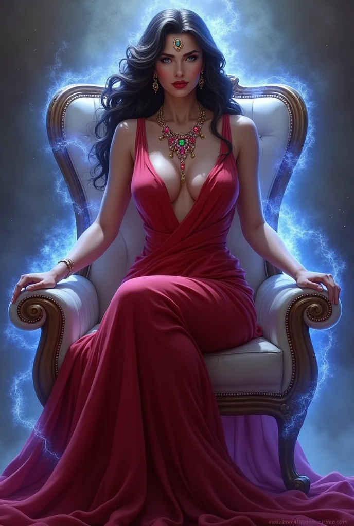 A beautiful milf woman with elegant hair and big massive breasts wearing a sexy Red greek dress, very sexy low-cut, sitting on an elegant throne with her beautiful legs crossed, her bright and shiny eyes, her red lips, standing facing the camera and an aura of blue  and violet energy around her. with a necklace of rubies and emeralds 