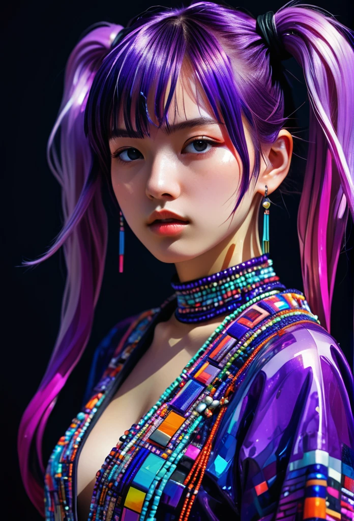 (Absurd, High resolution, Super detailed), (One girl:1.3), Twin tails, Purple Hair, break , Glitch Art, Digital Distortion, Pixelated Fragments, Data Corruption, Colorful Noise, Visual clutter, contemporary aesthetics break , Enamel Art, Glass-like surface, Vibrant colors, Glossy finish, Reflective Texture, Richly pigmented, fluid forms break , Ethnic Style, Traditional attire, Vivid patterns, Handmade textiles, Cultural motifs, Beaded Jewelry, Artisan handmade accessories,Makoto Shinkai style