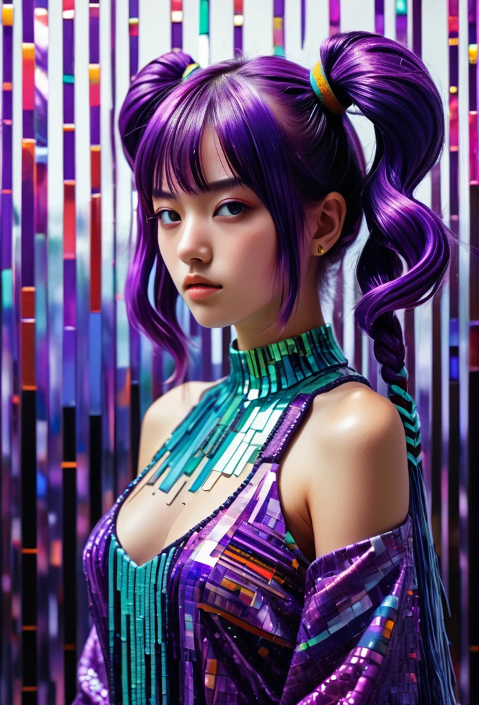 (Absurd, High resolution, Super detailed), (One girl:1.3), Twin tails, Purple Hair, break , Glitch Art, Digital Distortion, Pixelated Fragments, Data Corruption, Colorful Noise, Visual clutter, contemporary aesthetics break , Enamel Art, Glass-like surface, Vibrant colors, Glossy finish, Reflective Texture, Richly pigmented, fluid forms break , Ethnic Style, Traditional attire, Vivid patterns, Handmade textiles, Cultural motifs, Beaded Jewelry, Artisan handmade accessories,Makoto Shinkai style