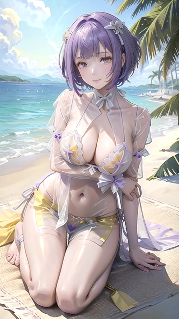 (((masterpiece, ultra HD, 8K quality))), (((clear and bright image))), anime, 1 woman, (((beautiful woman))), (((shining purple short hair))), (((shining attractive eyes))), ((((yellow eyes))))), (((eye highlights))), ((very long eyelashes)), (((very large breasts))), cleavage, (((beautiful sexy pose))), looking at the viewer, navel, (((cute smile))), water, thighs, bare shoulders, front tie top, arm support, narrow, ((((white and purple see-through Love uniform))), bare feet, collarbone, neck ribbon, halter neck, water's edge, (((summer beach in the background)))