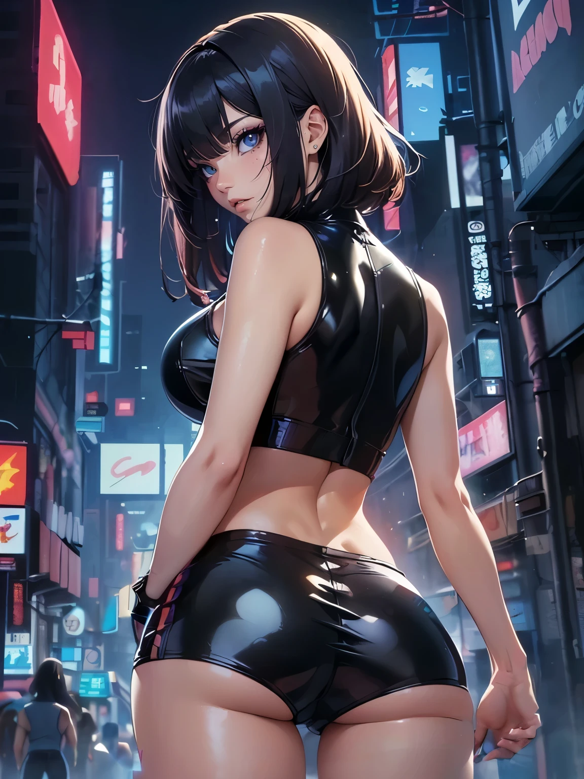 ((Seductive Anime Girl:1.2、solo:1.3))、((cyberpunk:1.2))、((Futuristic))、((dynamism posing:1.4))、(((Standing in honor:1.3)))、((Rear view:1.3))、((hip close-up))、((latex suit:1.2、hot pants:1.4))、((Being in midnight city:1.2))、((sleeveless:1.2))、((torn and ripped:1.2))、((crop top navel:1.2))、((wedgie:1.2))、((huge hip:1.3))、Meticulously drawn hair, Meticulously drawn eye, full body、Sexy body、((Glossy realistic skin texture:1.2))、((shiny skin:1.2))、((Meticulously drawn hands))、art stations、perfect anatomy、masterpiece, absurdres, Top image quality, Smooth texture、Sharp Focus, watercolor