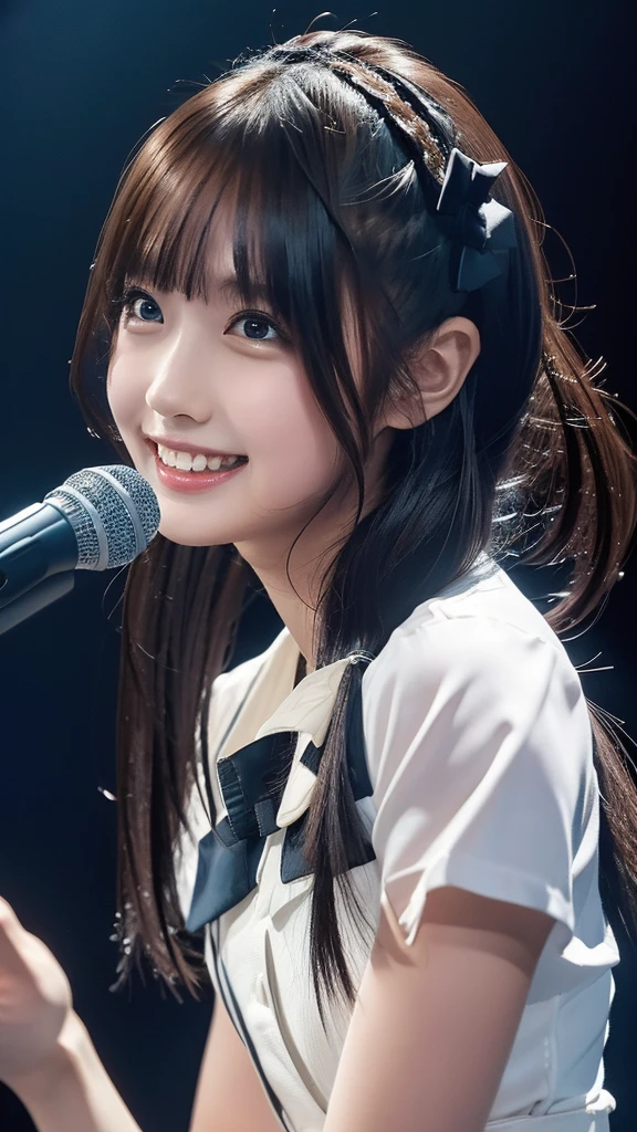 ((masterpiece, Highest quality, High resolution)), Japanese high school girl、(Realistic: 1.4), With a smile、Blushing、Great face,Glossy lips、, ponytail、(Beautiful Hair:1.5),Idol Costume、Beautiful legs、On a packed stage、Sing with a microphone、Gazing at the audience、Front angle, Smooth, Highly detailed CG composite 8K wallpaper, High resolutionのRAWカラー写真, Professional photography, Light, BackLight, impressive, Written boundary depth, (Face close-up:1.5)