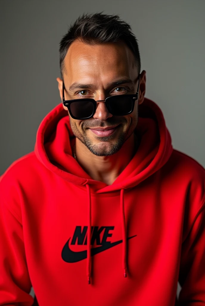 TV personality Jimmy Newton wearing a red Nike hooded sweatshirt and black sunglasses with a sexy look