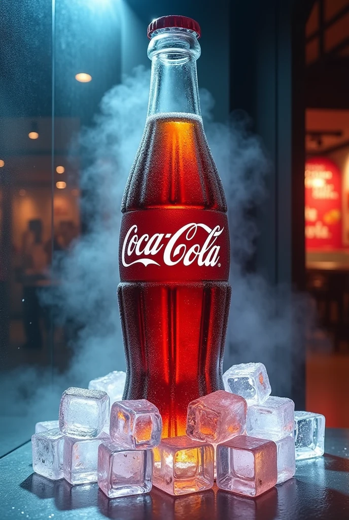 display window with a large coke in the middle, several ice cubes around and a refreshing mist around the Coca Cola bottle