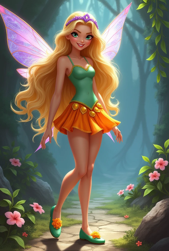 Stella from winx club Stella is a blonde fairy that wears a purple diadem, a light green top, a short orange skirt decorated with yellow medals, and green shoes decorated with orange flowers