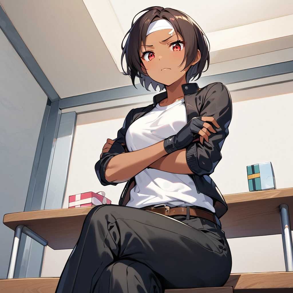 Cowboy shot, view from below, 1 girl, dark hair, dark skin, red eyes, ((black jacket with rolled up arms)), fingerless gloves, white T-shirt, ((white headband on forehead)), black pants, white shoes, brown belt, cute short hair, medium breasts, sitting on desk, crossed legs, middle finger , gift coming in, ((disgusted)), looking at viewer, on terrace