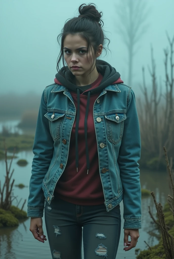 woman, in tight denim jacket, cold weather, dark washed faded tight jeans, stuck in bog, loose bun, red, green, blue, fog, close-up, American cartoon art style