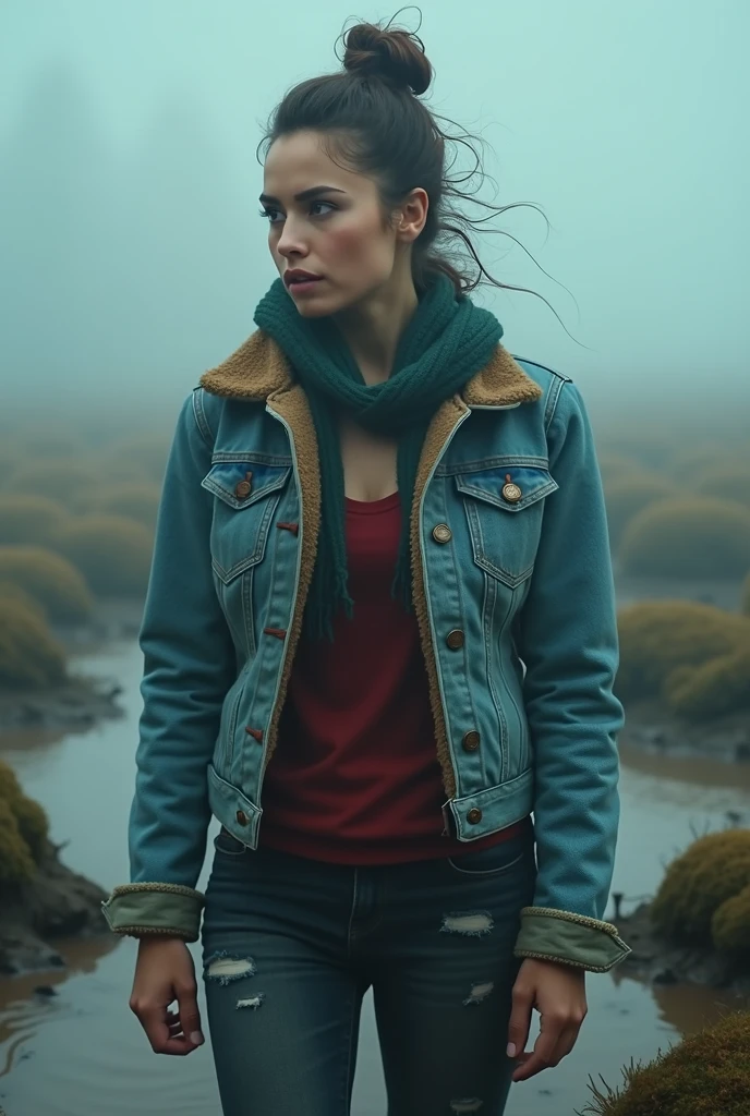 woman, in tight denim jacket, cold weather, dark washed faded tight jeans, stuck in bog, loose bun, red, green, blue, fog, close-up, American cartoon art style
