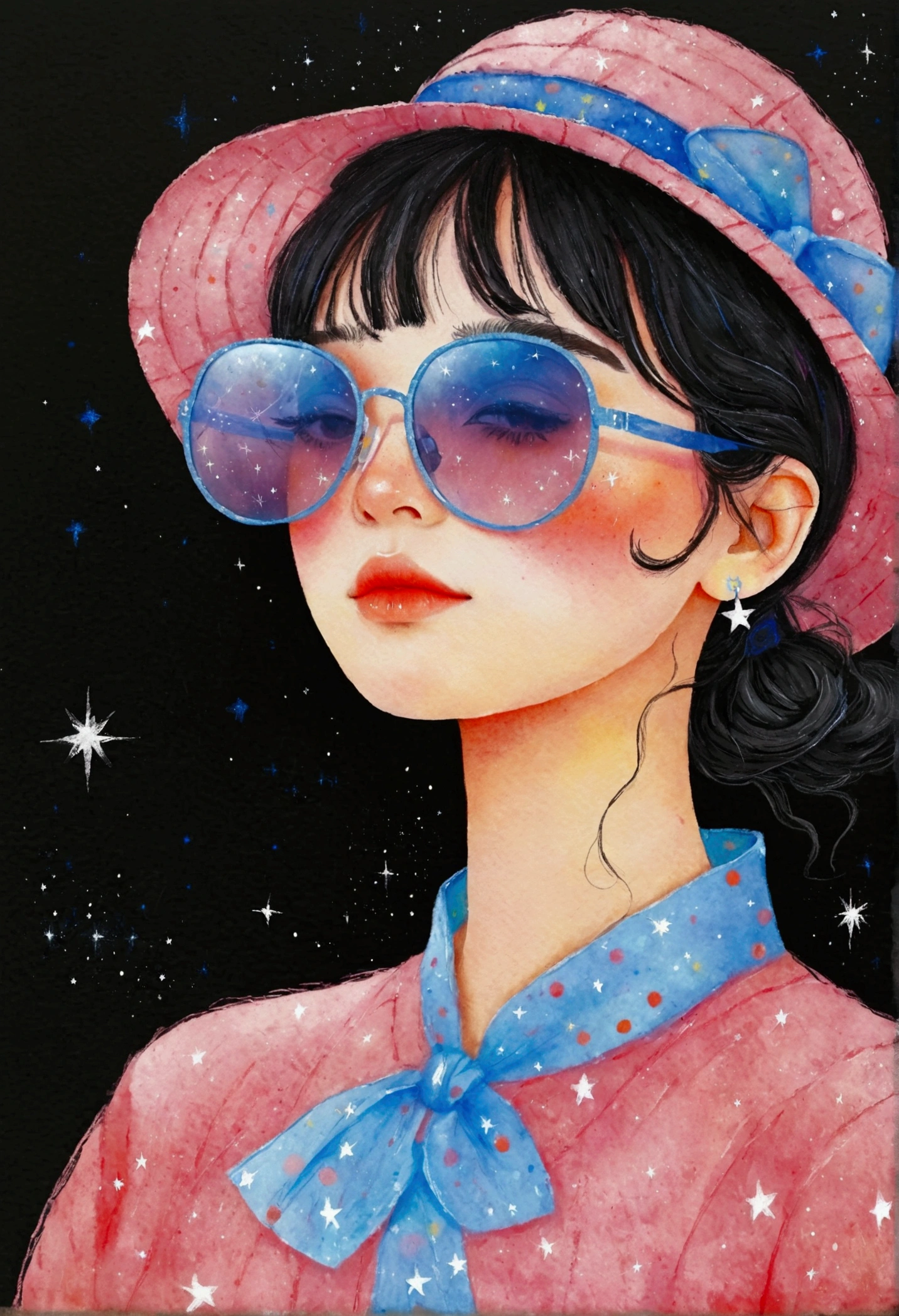 Pastel Art，Rough texture，Texture，Hand-drawn style：Girl wearing glass sunglasses，There are stars on the glass，hat
