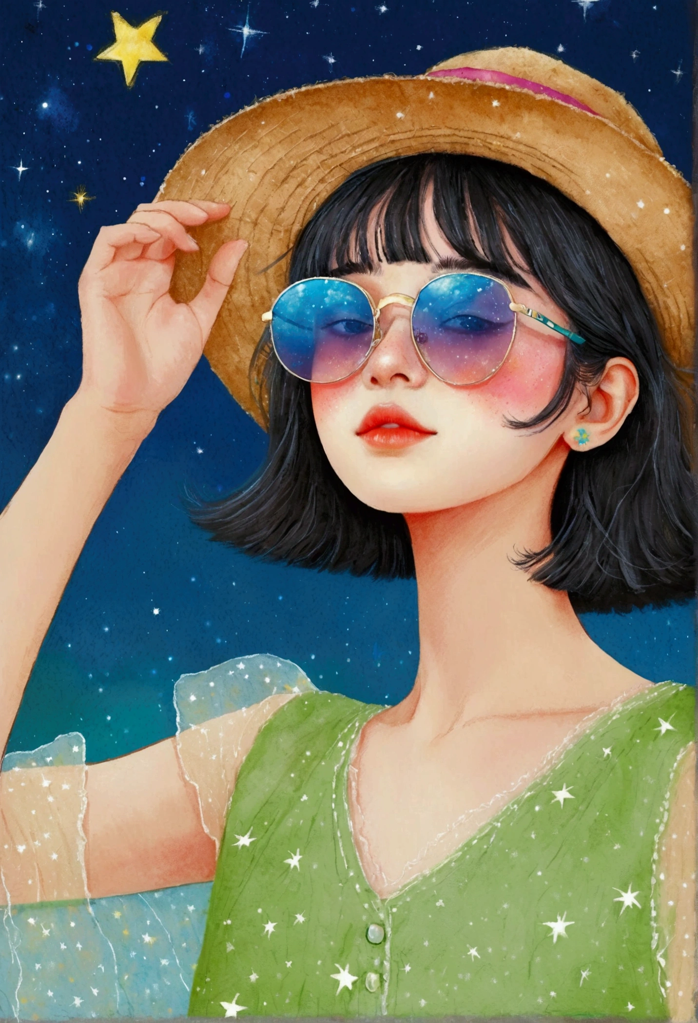 Pastel Art，Rough texture，Texture，Hand-drawn style：Girl wearing glass sunglasses，There are stars on the glass，hat
