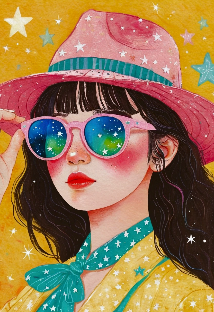 Pastel Art，Rough texture，Texture，Hand-drawn style：Girl wearing glass sunglasses，There are stars on the glass，hat
