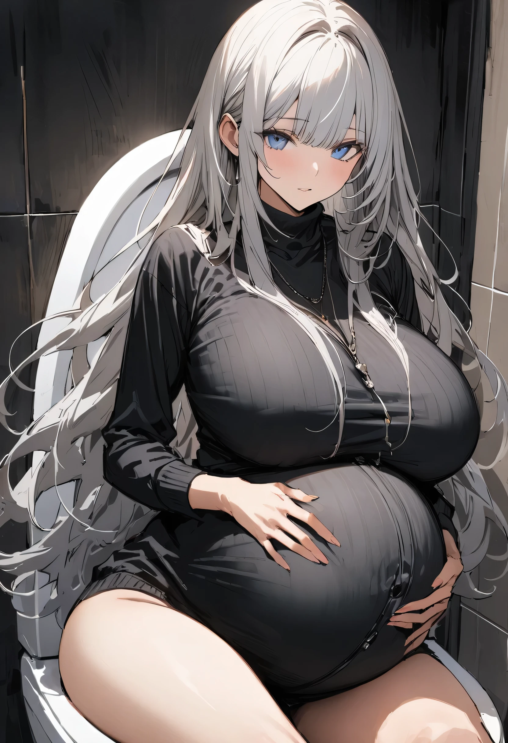 (one person, Slim,Huge Breasts,Bangs,Silver long hair, Blue Eyes, Black sweatshirt),rest,(In the toilet),rest, Pregnant, The belly is surprisingly large, Concept Art, masterpiece, Super Detail, Attention to detail, high quality, 最high quality, high resolution