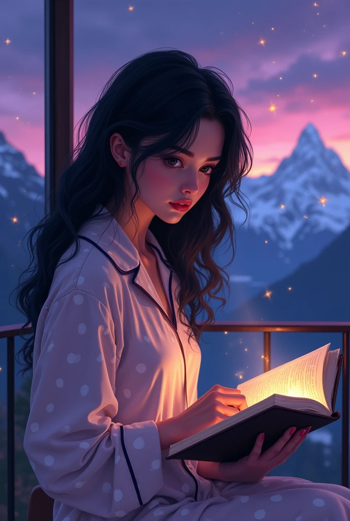an extremely beautiful woman, dark eyed, tender, black wavy hair, with a polka dot pajama, reading a book, sitting on a balcony and a background of a rain of stars with a purple sky and mountains of Switzerland 