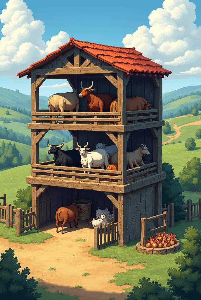 Three storey big shed 
Only Cow buffalo in first floor ,
Only Goats on the second floor ,
Only Chicken on the third floor