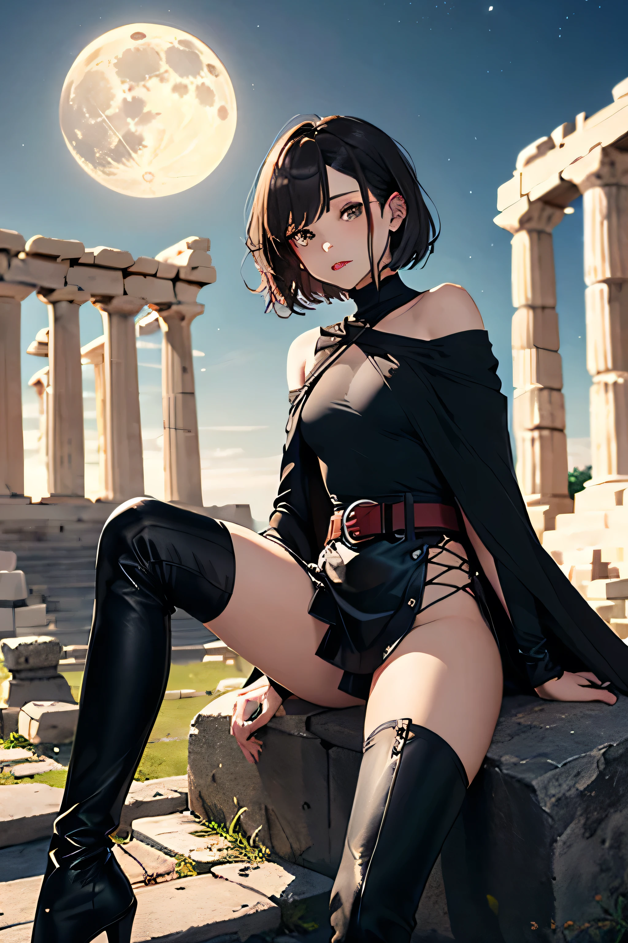 ((Highest quality)), ((masterpiece)), (detailed), Dark bay medium short hair、A hairstyle with a fluffy look, parted in the middle and showing the forehead、Up the upper front hair、Sweep your hair to both sides of the front、Dark brown eyes、high school girl、Mature face、Slightly small chest、Black shiny bodysuit、Sit on your knees、Metal shoulder rest、A half-cloak with a black velvet exterior and wine red interior.、Metal waistband、A black skirt that is open at the front from the waist down to the knees、Put a sword in your belt、Full moon night、Perched on a rock at the Greek temple ruins、knee-high black boots