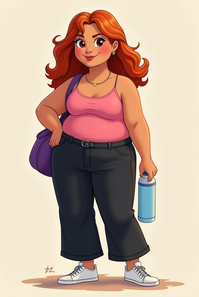 Image of a cartoon girl with shoulder-length red hair, cinnamon skin and dark eyes, fat, dressed in a pink strappy blouse and wide black pants and white tennis shoes, also carrying a thermos of water in her hand and a purple bag 