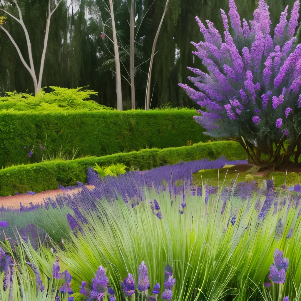 there is a small bush of lavender growing in the garden, strange vegetation, lavender plants, vicious snapping alligator plant, sage, spike - like branches, alexandros pyromallis, overgrowth of grass, “ iron bark, entangled foliage, intricate foreground, willow plant, proteus vulgaris, by Carlo Randanini, overgrown with weeds