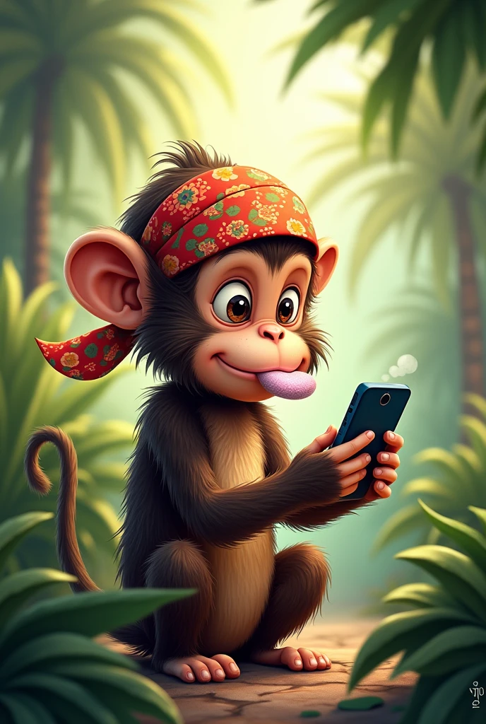 Make a monkey in a bandana chewing gum while playing on his phone