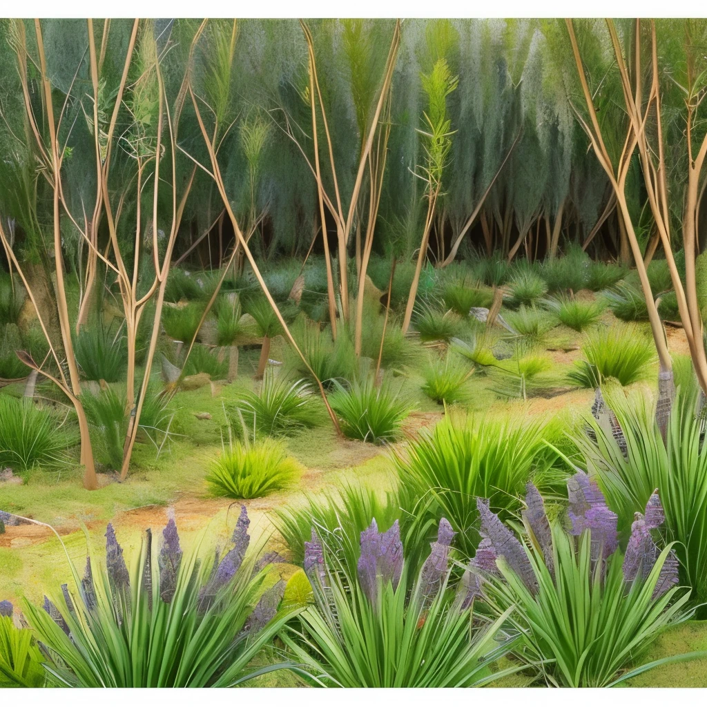 there is a small bush of lavender growing in the garden, strange vegetation, lavender plants, vicious snapping alligator plant, sage, spike - like branches, alexandros pyromallis, overgrowth of grass, “ iron bark, entangled foliage, intricate foreground, willow plant, proteus vulgaris, by Carlo Randanini, overgrown with weeds
