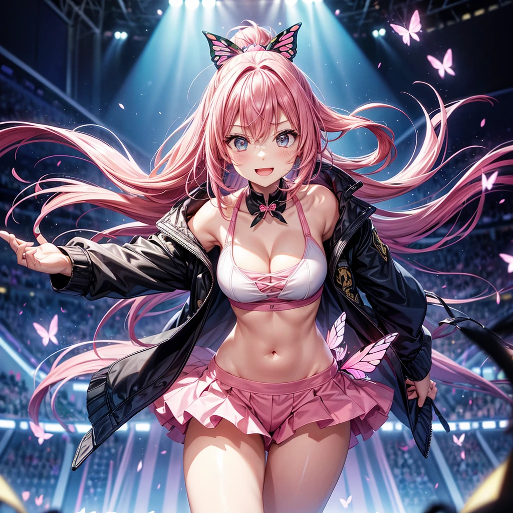 (((cute))), Pink Hair, Long Ponytail,Butterfly hair fastening, ,Concert Venues,A radiant smile, Pink Hot Pants, One woman, Aquamarine Eyes, Slightly enlarged chest, Tempered body, Top Idol,Staring at the audience, ((Jet black long coat)),Beautiful abdomen,Butterfly-like movements, Swallowtail butterfly fluttering, Uplifting, Dynamic pose