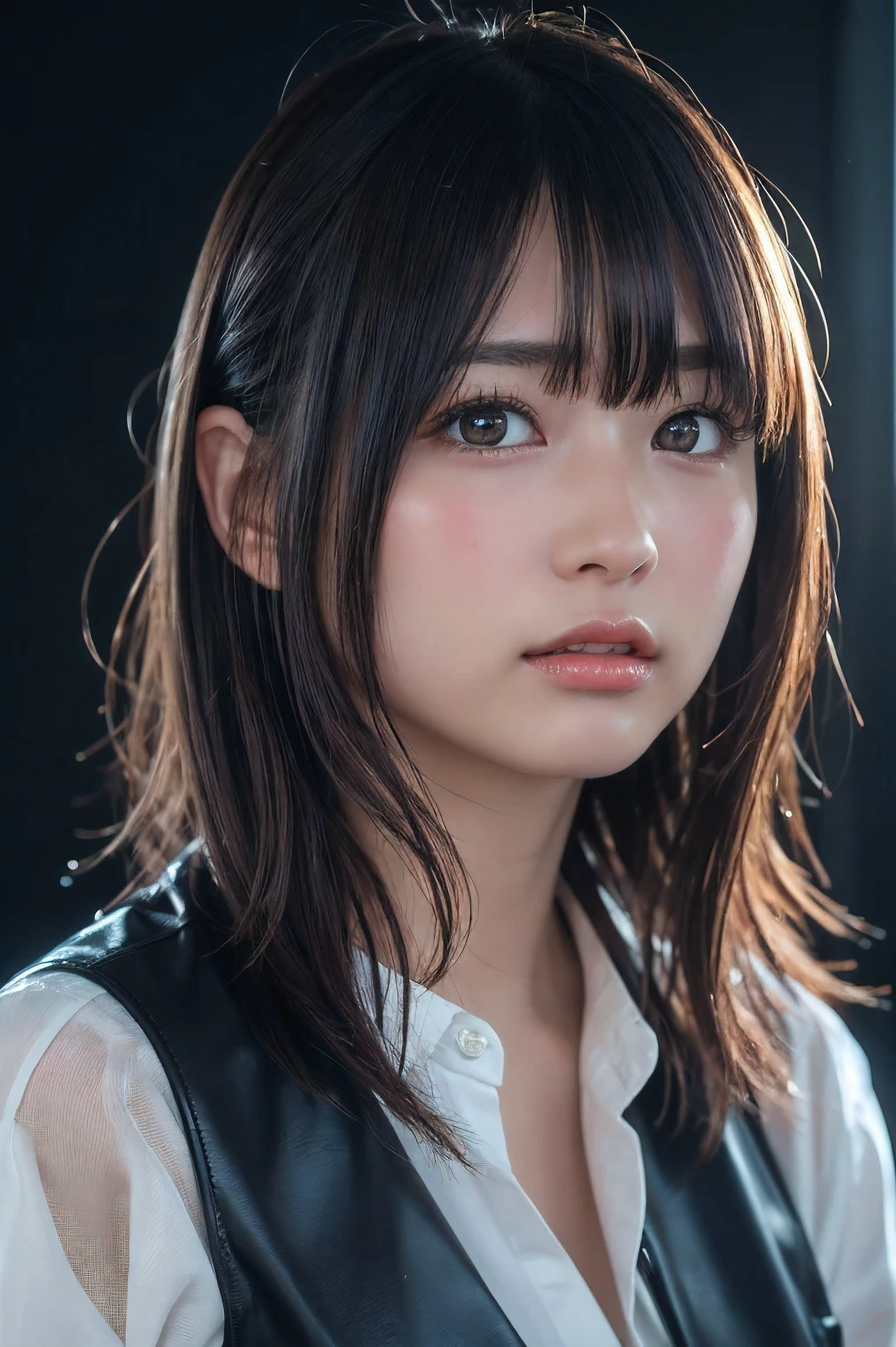 ((Upper Body:1.3)).Blown by the long wind [Blue-black:.3] hair,Looking at the audience, (Tabletop:1.3), (8K, Realistic, RAW Photos, Highest quality: 1.4), Japanese, (1 Girl), Beautiful Face, (Realistic face),{Wavy medium hair|Front hair long bob|short hair with long bangs}{Black hair|Brown hair|Blonde hair}, Beautiful hairstyle, Realistic eyes, Beautiful and beautiful eyes, (Realistic skin), Beautiful Skin, charm, Ultra-high resolution, Surreal, Very detailed, Golden Ratio,Female student、shame(Blushing:1.3),Upper Bodyは裸、Nipples sticking out latex shiny glossy 