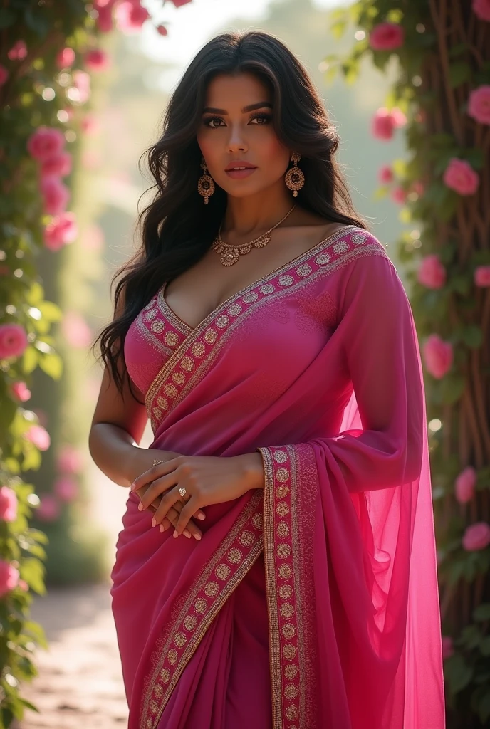 Women of 34DD BLOUSE SIZE with pink saree 