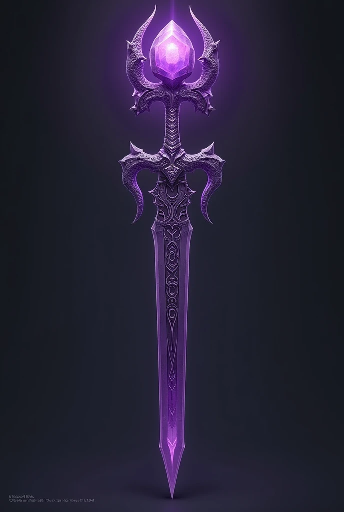 The purple-black sword and magic staff have a purple gem at the end of the staff, shaped like two dragons with tails.