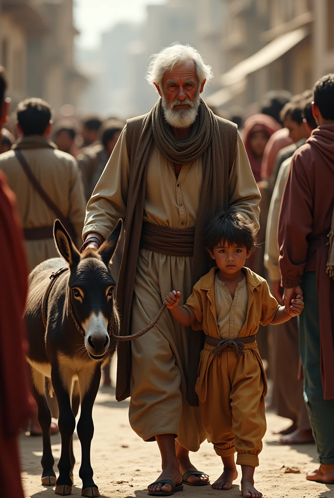 An old man holds a son by his hand and a donkey by his side Many people are saying something to them