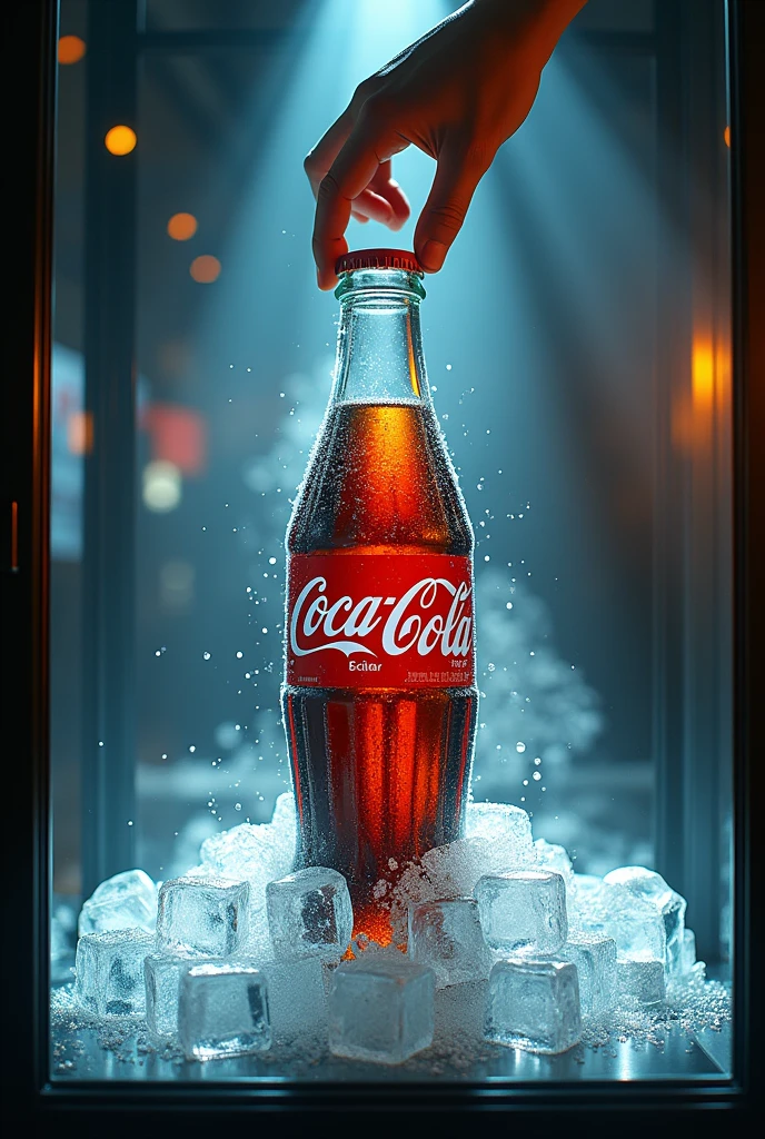 display window with a large coke in the middle, several ice cubes around and a refreshing mist around the Coca Cola bottle and a hand on the ceiling as if opening the bottle