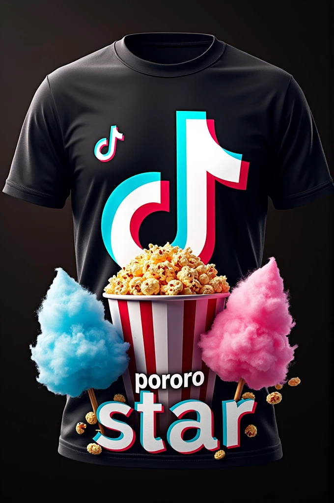 Can you create an image for me of a black t-shirt with a TikTok and Facebook logo and with an image of real popcorn and real cotton candy too and that says "Pororo Star"?