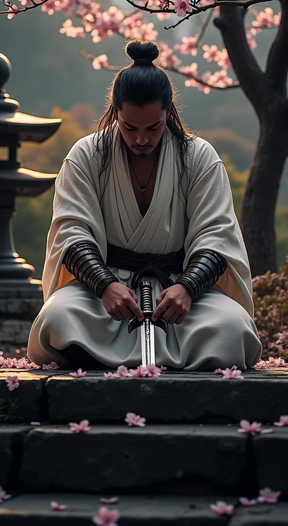 Close-up shot, Low angle shot, (The Samurai kneels in a traditional Japanese garden at dusk, surrounded by blooming cherry blossoms. His armor has been removed, revealing a white kimono, symbolizing purity and the acceptance of his fate. In front of him lies a short sword, its blade gleaming ominously. His expression is one of solemn acceptance and determination, ready to embrace his fate. The background is serene, with a stone lantern casting a soft glow over the scene.) unreal engine, cinematic, highly detailed, hyper-realistic, ultra-realistic HD --q 2 --v 6.1 --ar 9:16  