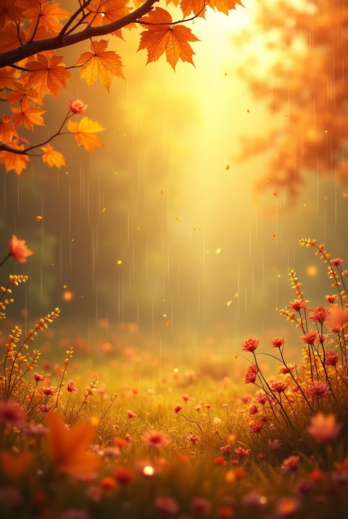 spring background, slightly dark. realism and very beautiful, slightly close up, as for a template with autumn leaves and flowers, and also rain and so that it was in yellow-orange colors and tones with a beautiful background for the template in orange and yellow tones