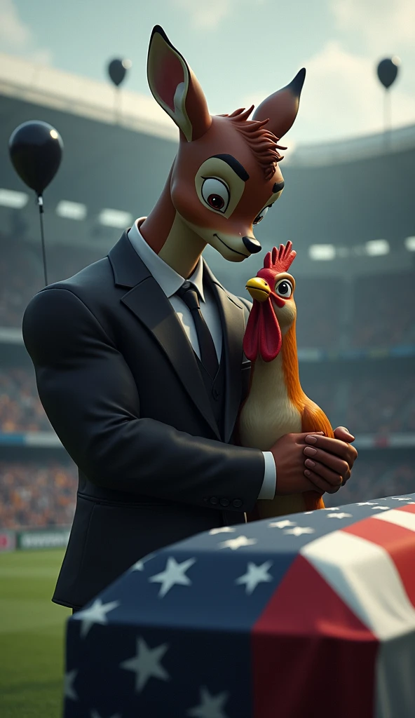 a bambi, muscular, puffed chest, wearing a black suit, crying, sad expression, being comforted by a rooster, muscular, puffed chest, black suit, inside a soccer stadium, sad seeing a coffin with a flag over it highlighted in the colors blue, white, red, black balloons flying in the wind