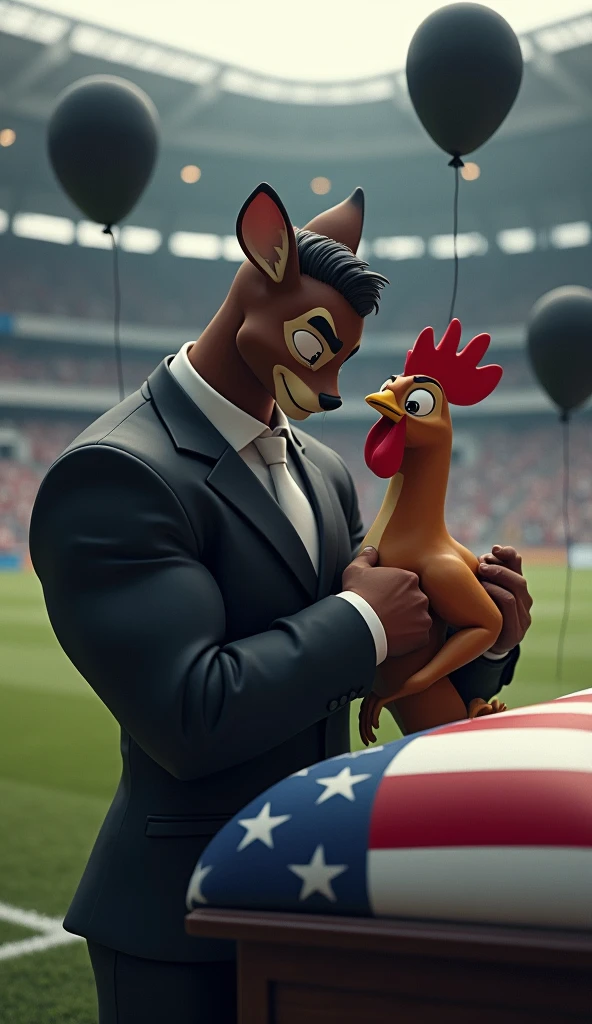 a bambi, muscular, puffed chest, wearing a black suit, crying, sad expression, being comforted by a rooster, muscular, puffed chest, black suit, inside a soccer stadium, sad seeing a coffin with a flag over it highlighted in the colors blue, white, red, black balloons flying in the wind